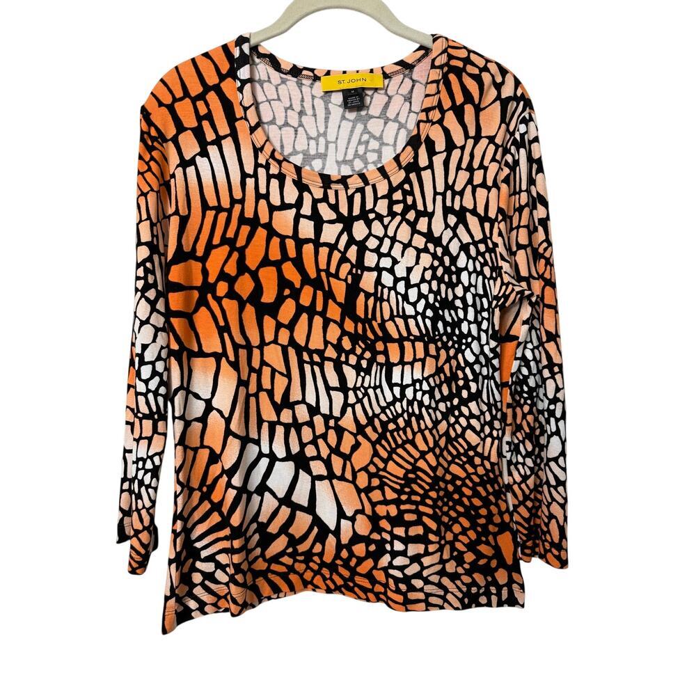 St. John Orange Black White Pattern 3/4 Sleeve Knit Top Sz Medium